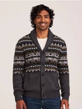 Men's Fair Isle Cardigan Sweater Shawl Collar Gray Size Large Academia Grandpa